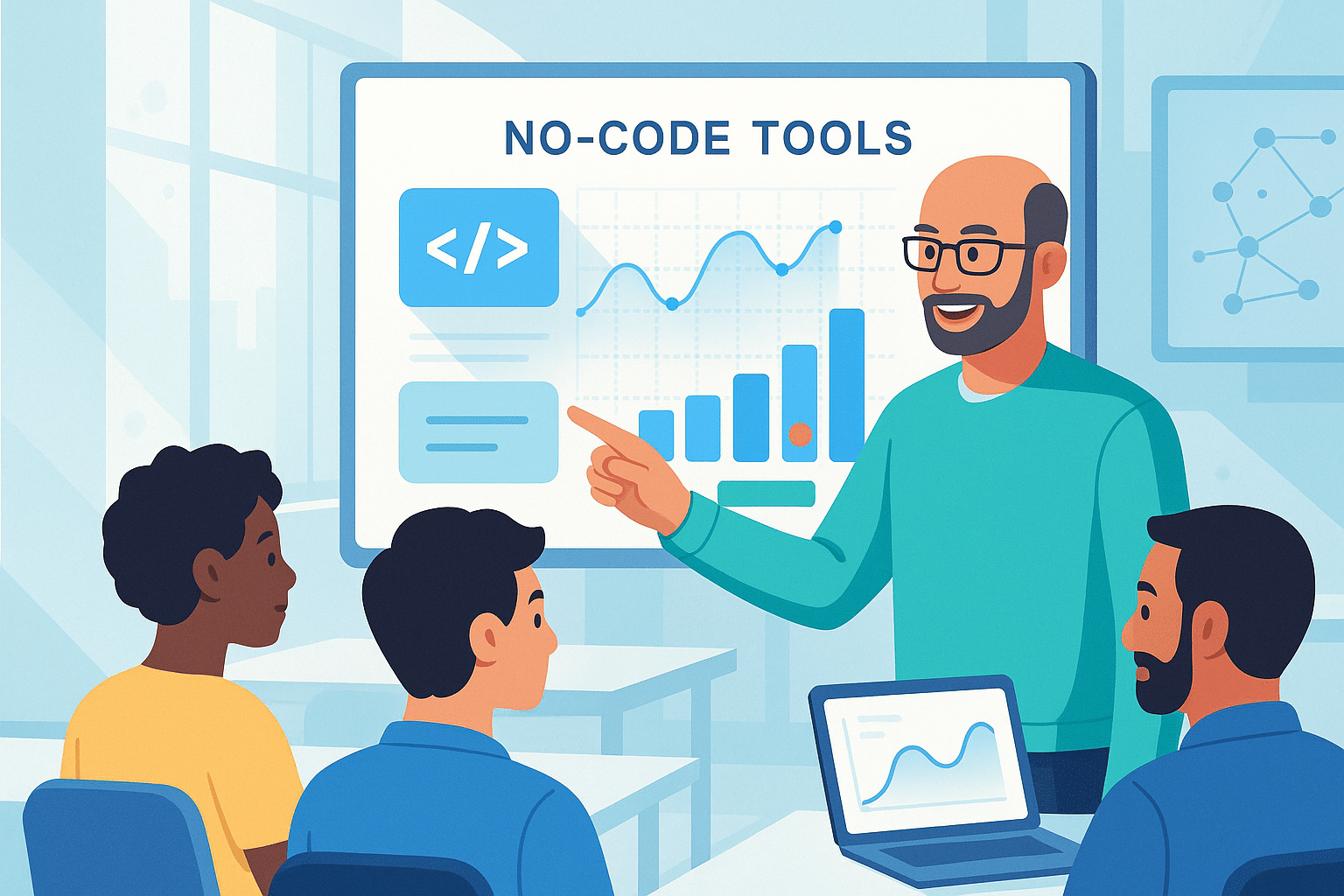 Un enseignant présentant des outils no-code à un groupe d'élèves, incluant un graphique et du code sur un écran.