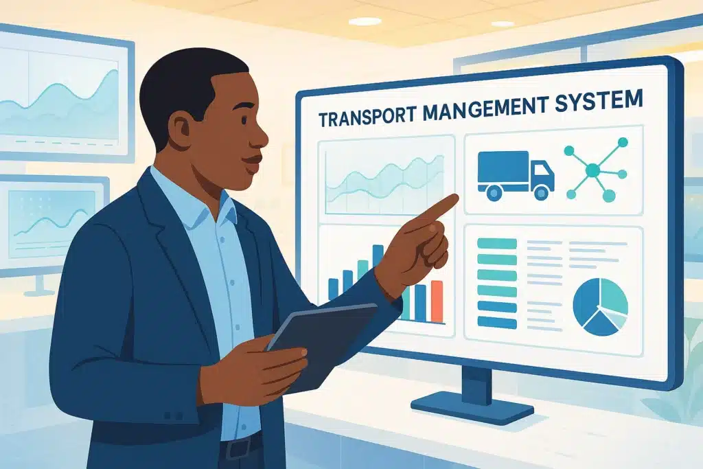 Personne présentant un système de gestion des transports sur un écran, avec des graphiques et des données analytiques.