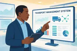Personne présentant un système de gestion des transports sur un écran, avec des graphiques et des données analytiques.