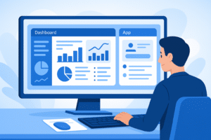 Un utilisateur manipulant un tableau de bord interactif Perplexity Labs avec graphiques dynamiques et filtres de données.
