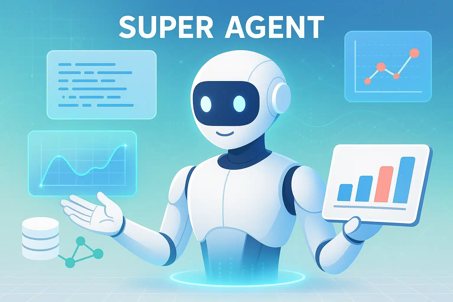 Robot super agent présentant des analyses de données et des graphiques, illustrant les capacités de la technologie Genspark.