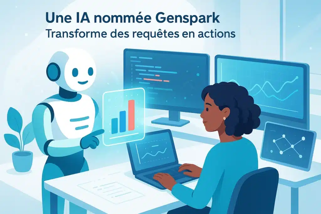 Illustration montrant une IA nommée Genspark transformant des requêtes en actions, avec un utilisateur au travail et des graphiques affichés sur des écrans.