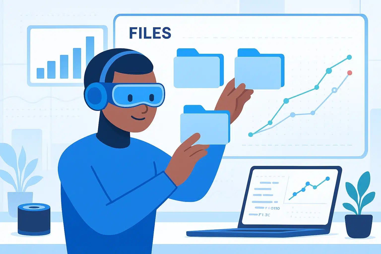 Illustration d'un utilisateur en réalité virtuelle interagissant avec des fichiers et des graphiques de données sur un ordinateur, symbolisant l'innovation technologique de Genspark.