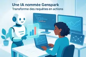 Illustration montrant une IA nommée Genspark transformant des requêtes en actions, avec un utilisateur au travail et des graphiques affichés sur des écrans.