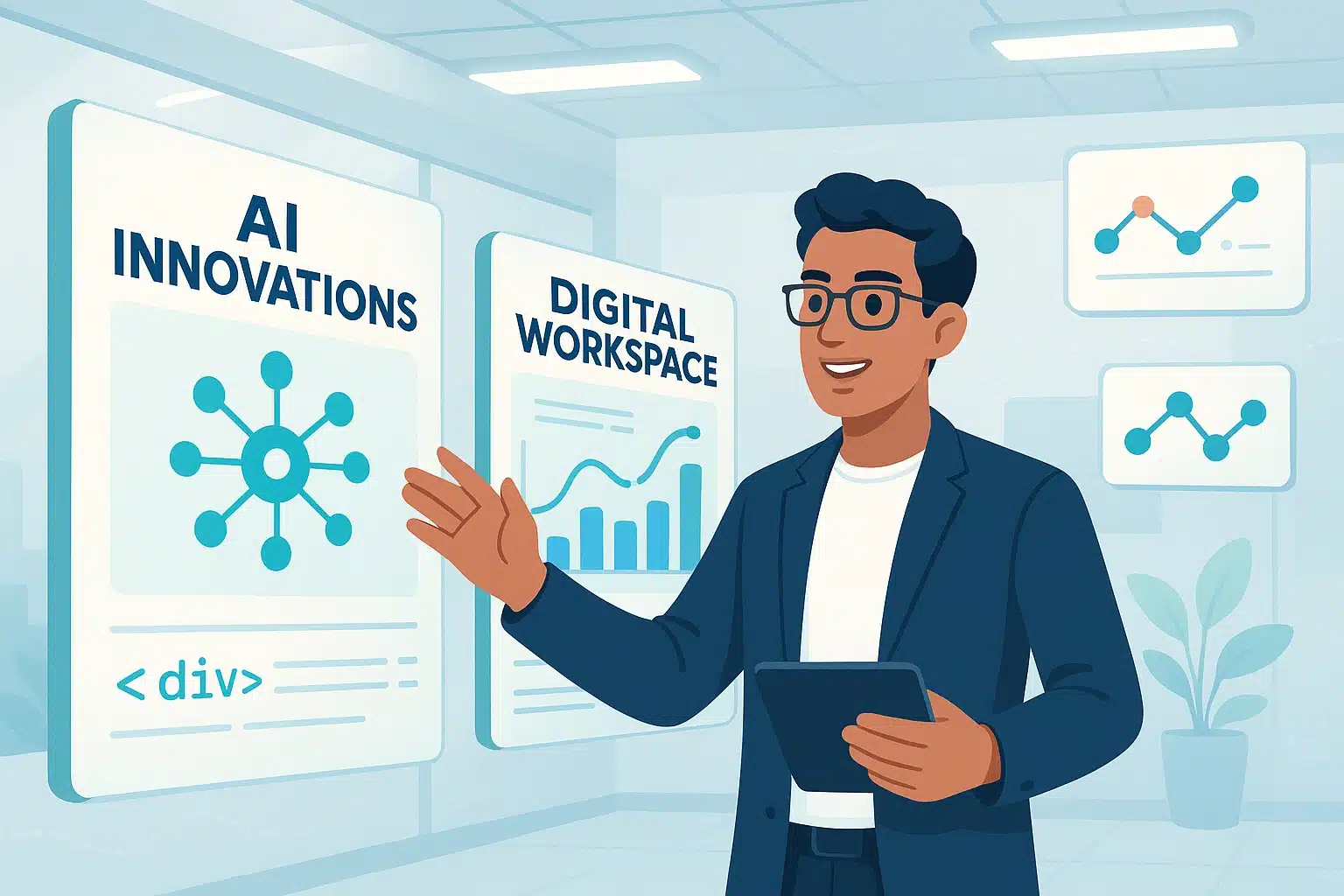 Un professionnel présente des innovations en intelligence artificielle et un espace de travail numérique dans un environnement moderne.