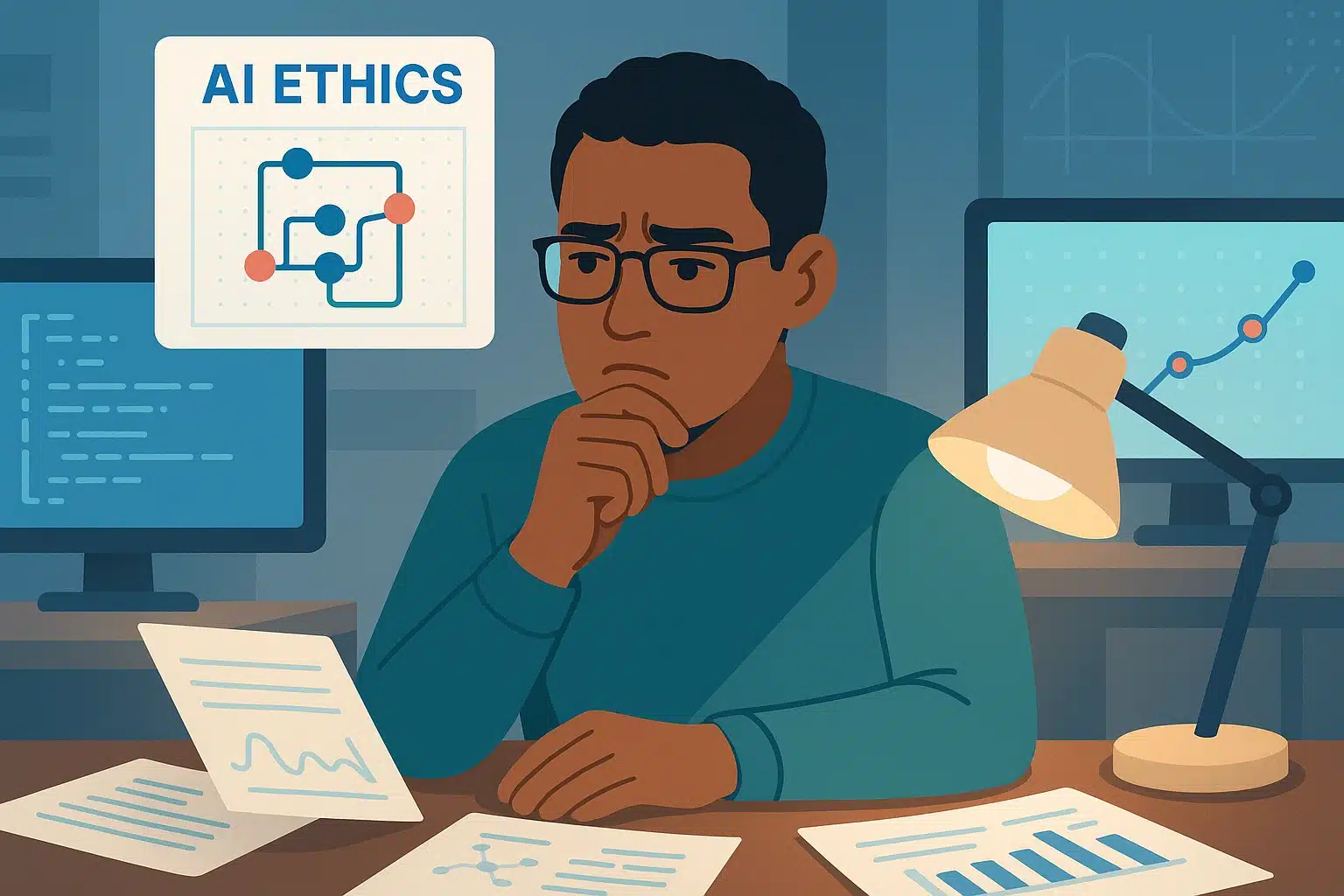 Un homme réfléchissant à l'éthique de l'IA, entouré de graphiques et de documents sur la table, symbolisant le chat-chamber effect.