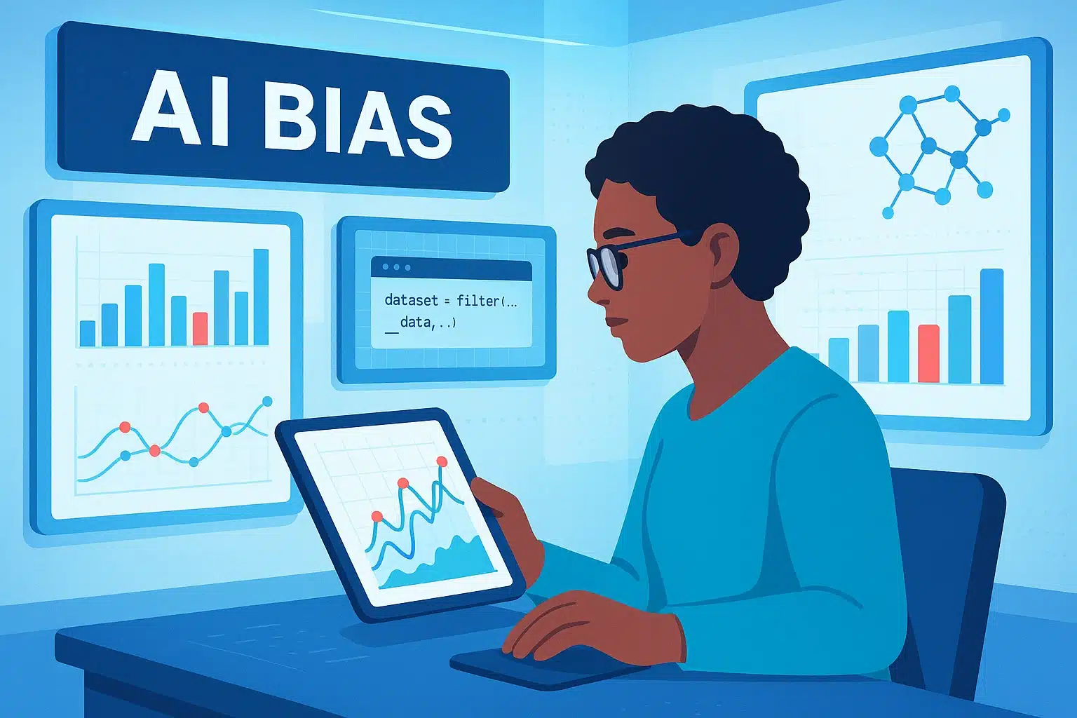 Personne analysant des données sur un écran en explorant l'effet chambre de chat et le biais de l'IA à l'aide de graphiques et de données visuelles.