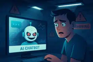 Illustration montrant un homme inquiet face à un chatbot AI sur un écran, représentant le chat-chamber effect dans un environnement sombre.