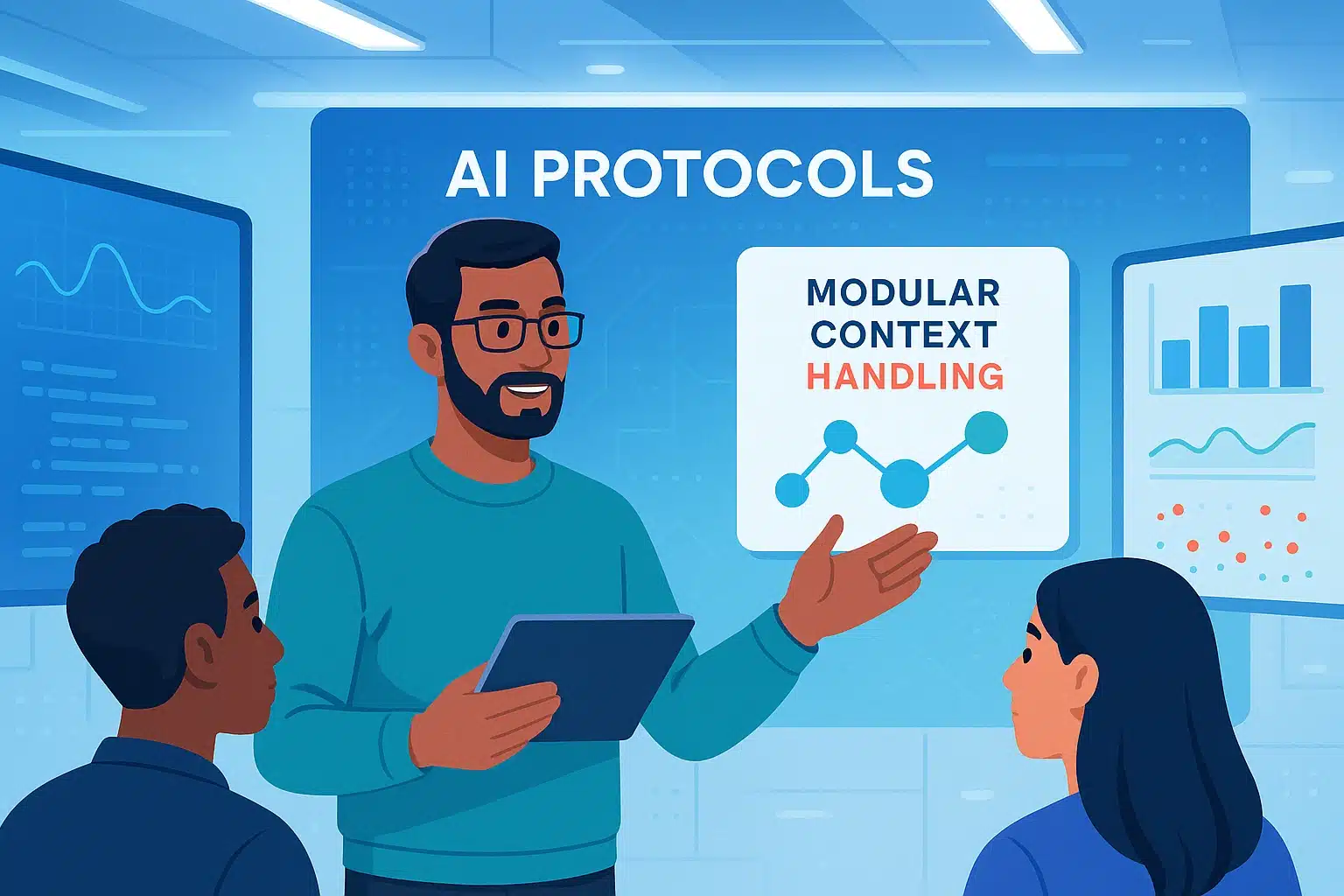 Présentation sur le protocole de contexte modèle (MCP) avec un intervenant expliquant les concepts d'IA à trois personnes dans un environnement de travail technologique.