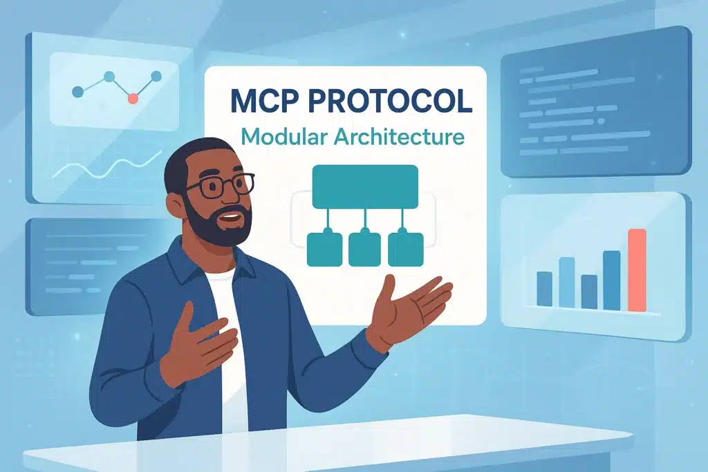 Présentation du protocole MCP illustrant une architecture modulaire avec des graphiques de données en arrière-plan.
