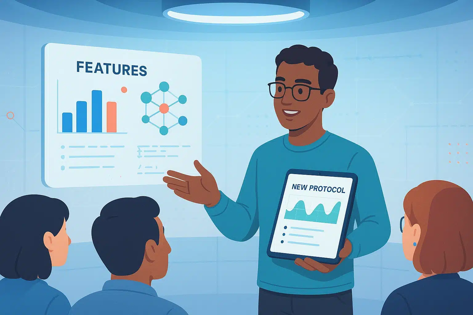 Un présentateur décrivant le modèle contextuel de protocole (MCP) devant un public, avec des graphiques et des caractéristiques affichés en arrière-plan.