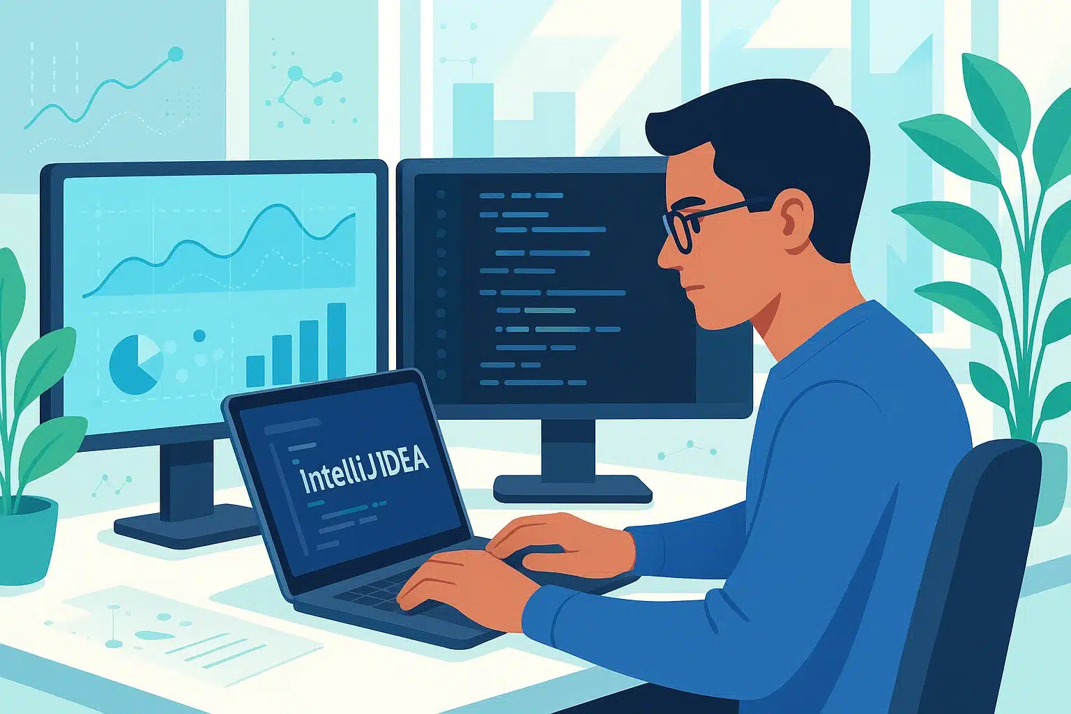 Un développeur travaillant sur IntelliJ IDEA, avec des graphiques de données et du code sur des écrans d'ordinateur