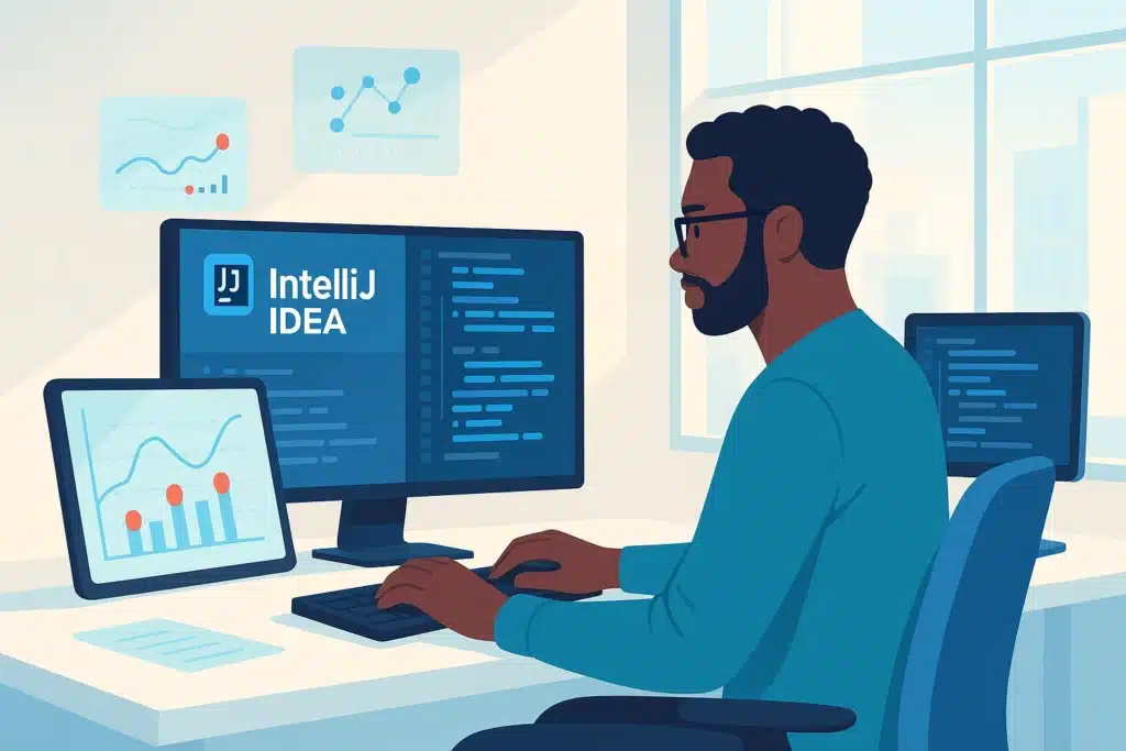 Un développeur travaillant sur IntelliJ IDEA, avec plusieurs écrans affichant des graphiques et du code, illustrant une session de formation sur l'outil.