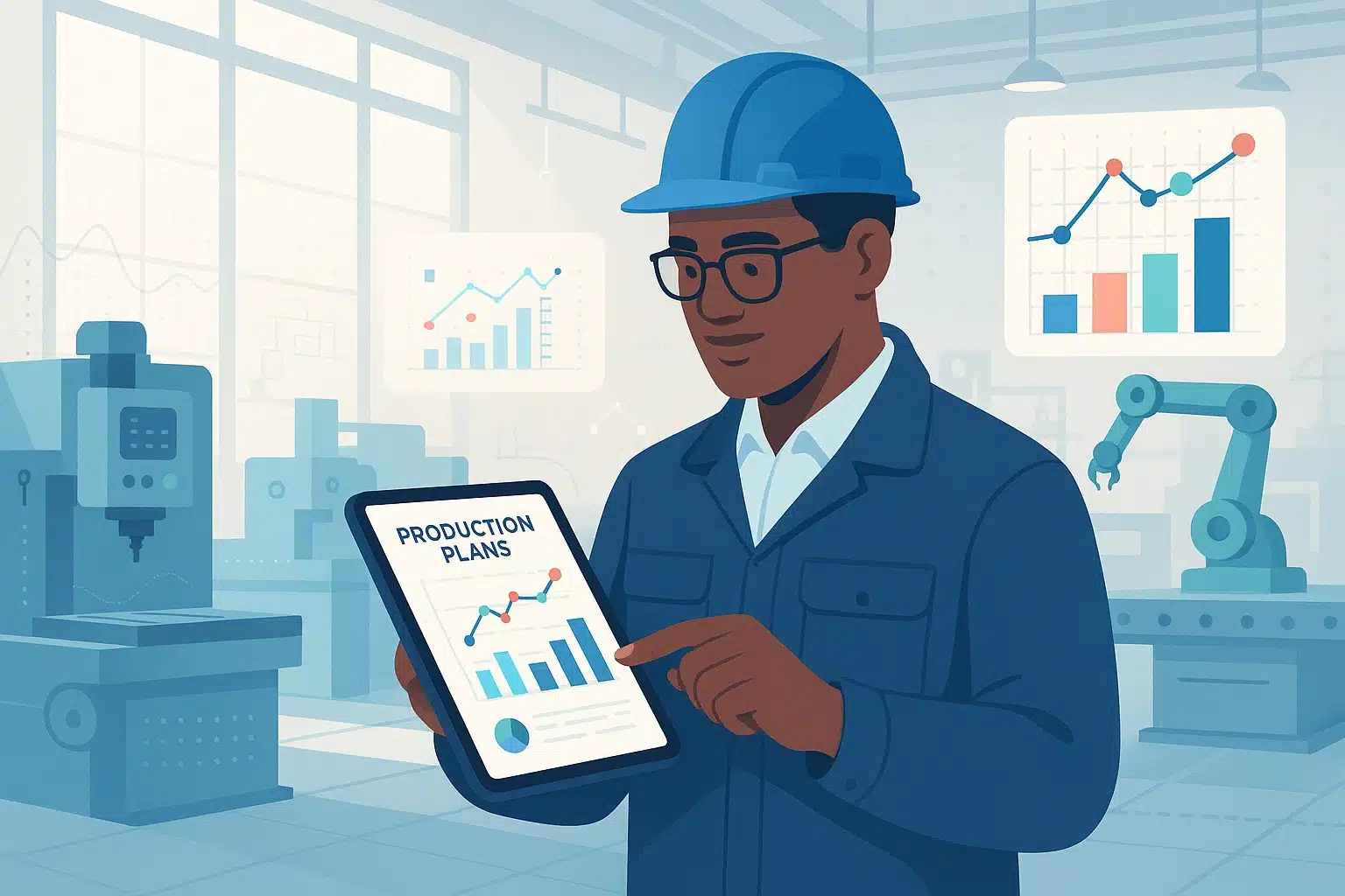 Ingénieur inspectant les plans de production sur une tablette dans un environnement de fabrication moderne, avec des graphiques et des données de GPAO en arrière-plan.