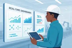 Personne utilisant un tableau de bord en temps réel pour analyser des données de production dans un environnement industriel, illustrant l'importance de la GPAO.