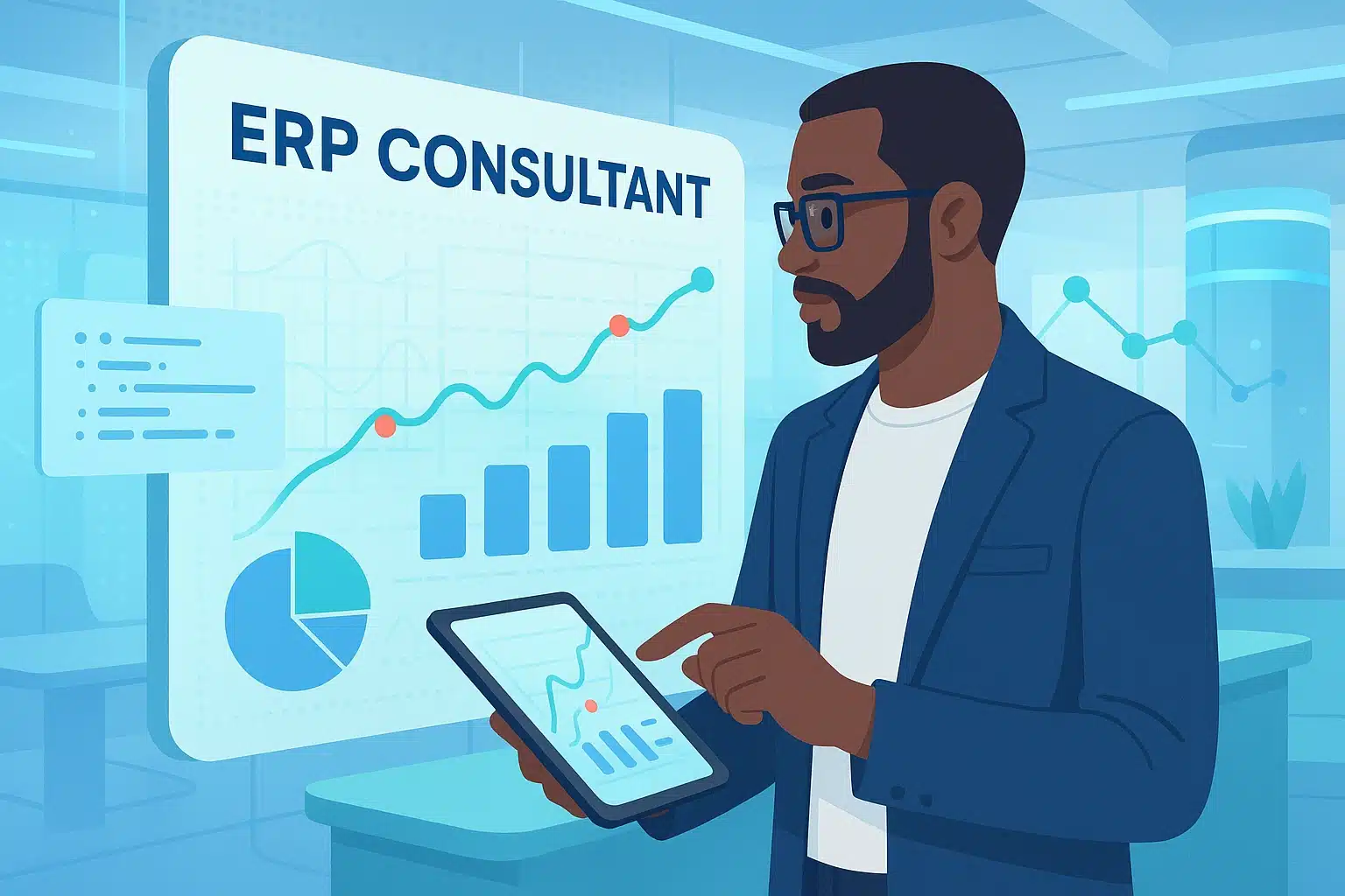 Consultant ERP analysant des données sur une tablette, avec des graphiques de performance affichés en arrière-plan.