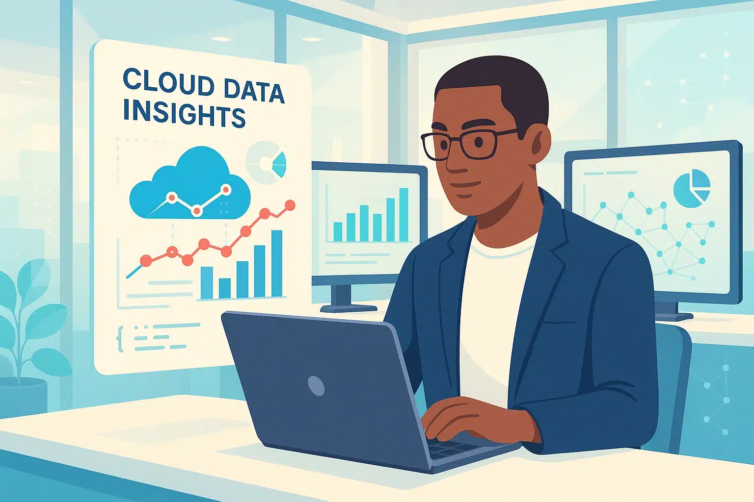 Un professionnel utilisant un ordinateur portable pour analyser des données sur un tableau avec des graphiques et des insights cloud, illustrant les solutions ERP d'Infor Global Solutions.