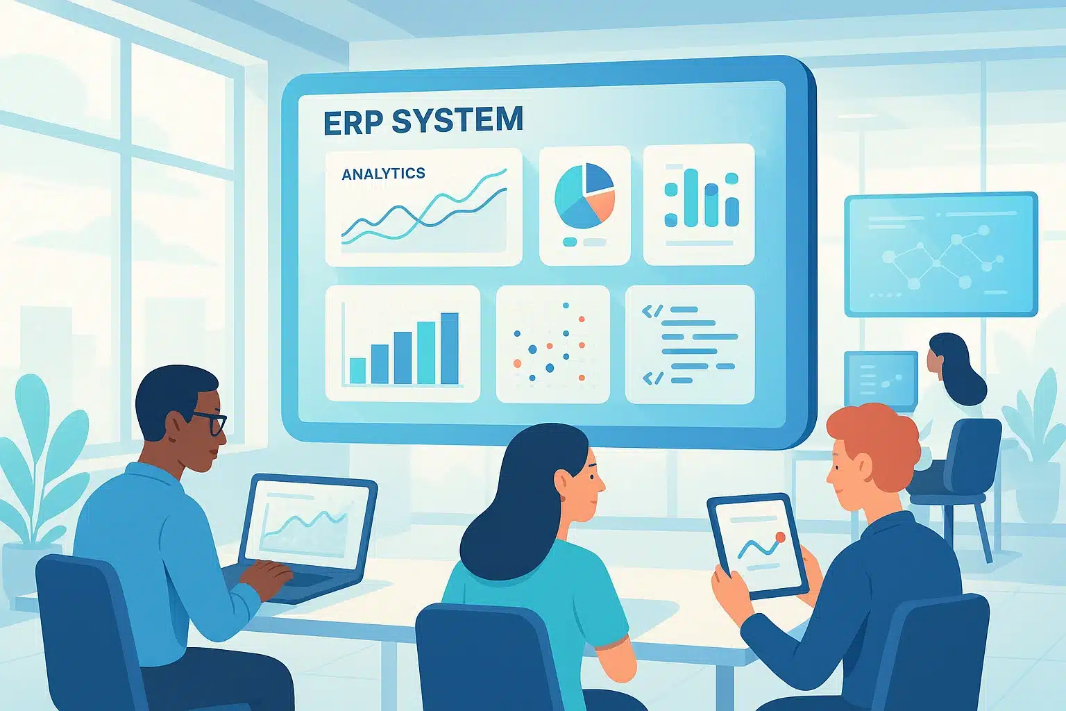 Équipe utilisant un système ERP d'Infor Global Solutions, affichant des analyses et des graphiques de données.