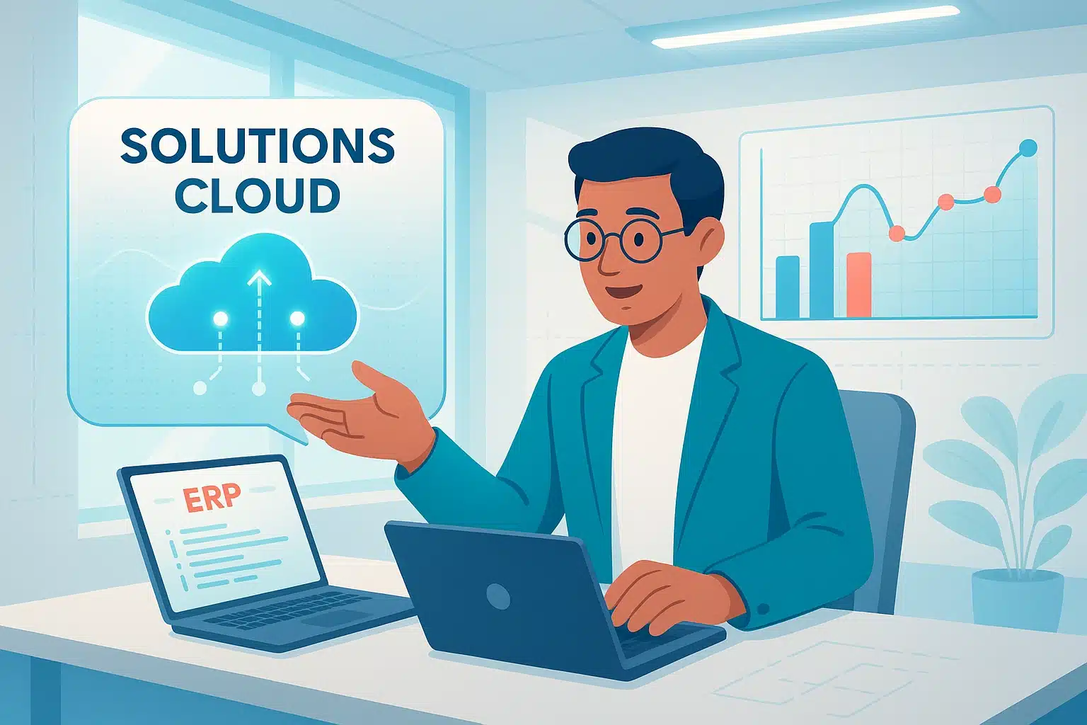 Un professionnel présentant des solutions cloud pour Infor Global Solutions ERP, avec des graphiques et un ordinateur affichant un contenu ERP sur le bureau.
