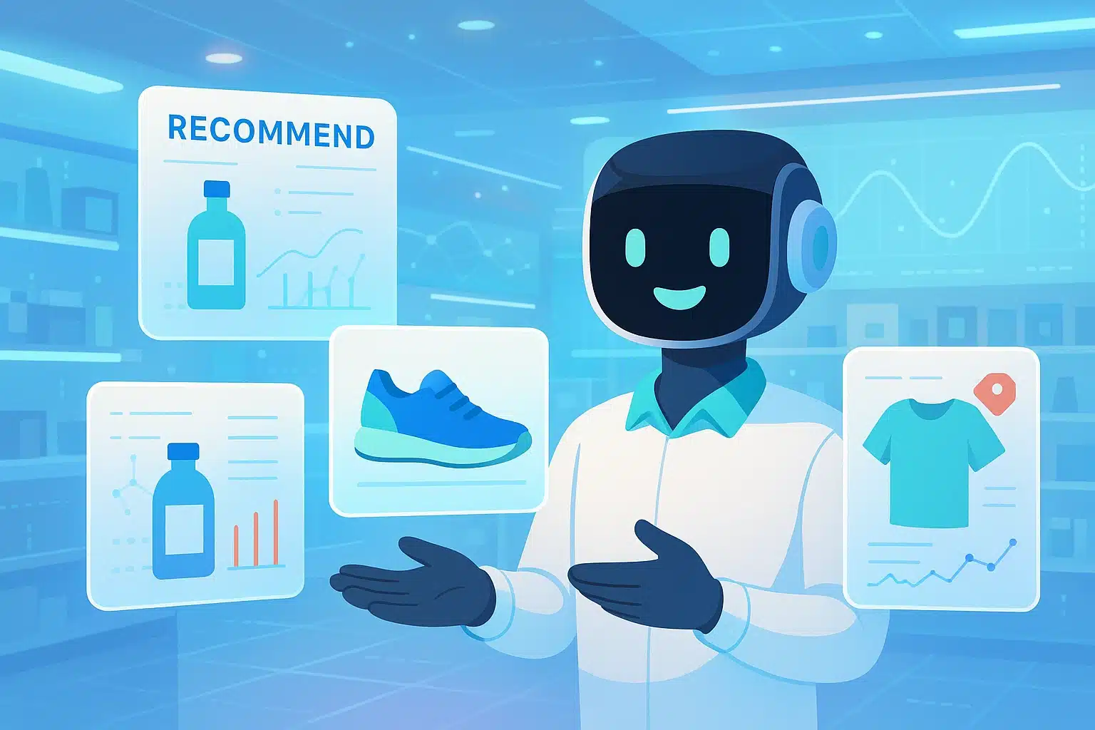 Robot agentique présentant des recommandations de produits dans un environnement numérique.