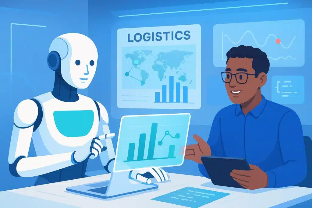 Un robot et une personne discutant d'analyses de données logistiques sur un ordinateur, illustrant l'utilisation de l'agentique dans la logistique.