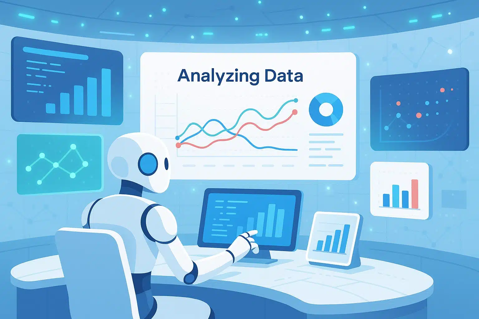 Robot analysant des données avec des graphiques multisélectionnés sur plusieurs écrans.