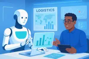 Un robot et une personne discutant d'analyses de données logistiques sur un ordinateur, illustrant l'utilisation de l'agentique dans la logistique.