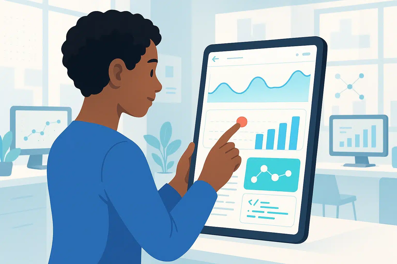 Un utilisateur final interagissant avec une tablette affichant des graphiques de données dans un environnement de bureau.