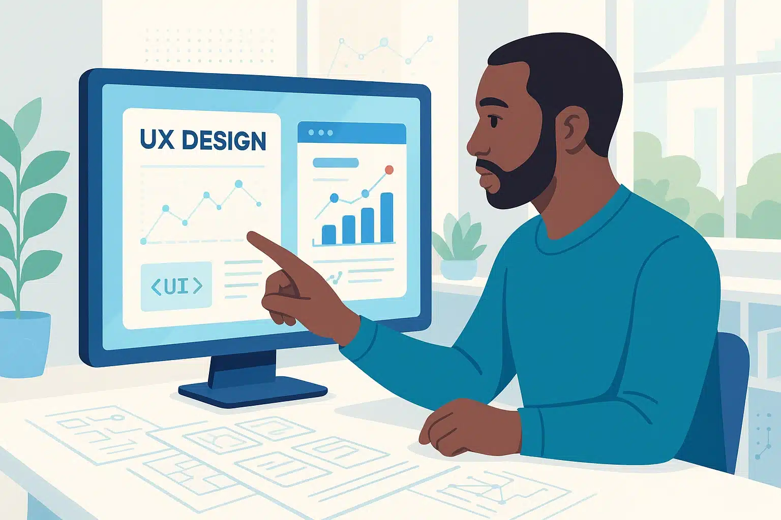 Illustration d'un utilisateur final examinant des concepts de UX design sur un écran d'ordinateur, avec des graphiques et des schémas.