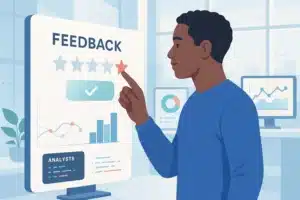 Illustration d'un utilisateur final évaluant un feedback avec une étoile rouge sur un écran d'ordinateur, symbolisant l'importance des retours des utilisateurs dans l'analyse de données.