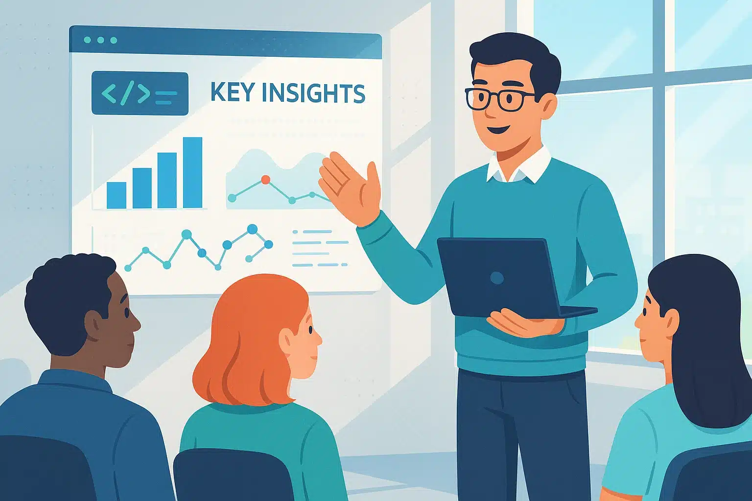 Un professionnel présentant des insights clés aux utilisateurs finaux lors d'une réunion, avec des graphiques et des données sur un écran.