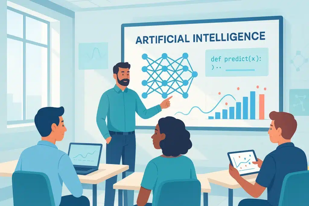 Session de formation sur l'IA générative avec un instructeur présentant des concepts devant des étudiants utilisant des ordinateurs.