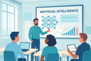 Session de formation sur l'IA générative avec un instructeur présentant des concepts devant des étudiants utilisant des ordinateurs.