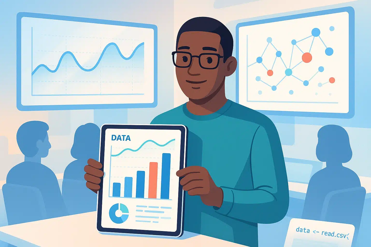 Un formateur présentant des graphiques de données sur une tablette lors d'une formation Plotly, avec des écrans affichant des analyses de données en arrière-plan.