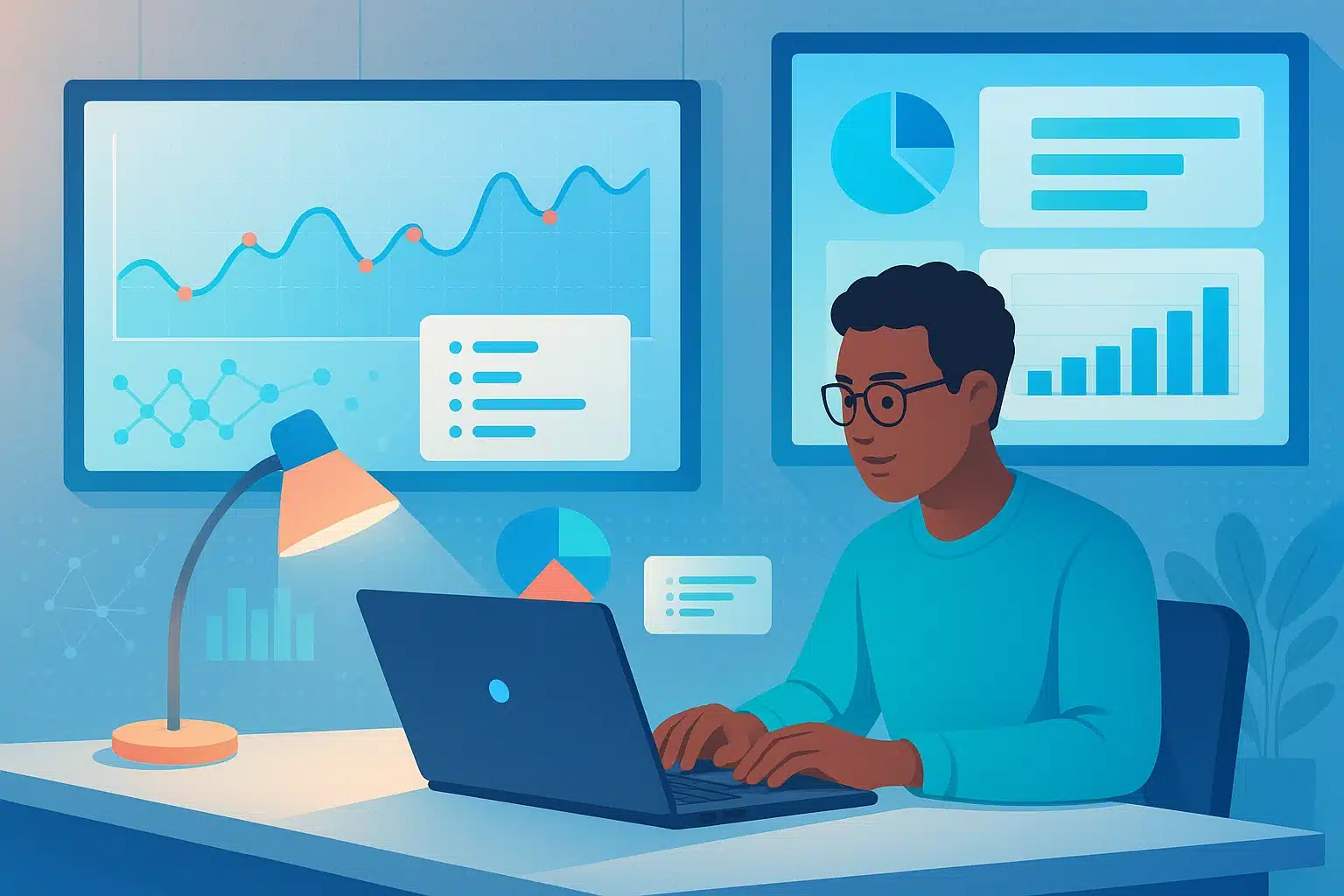 Illustration d'une personne travaillant sur un ordinateur portable, analysant des données avec des graphiques et des tableaux affichés sur des écrans, représentant une formation Plotly.