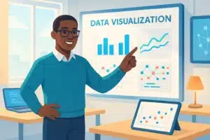 Formateur montrant un graphique de visualisation des données avec Plotly dans une salle de classe.