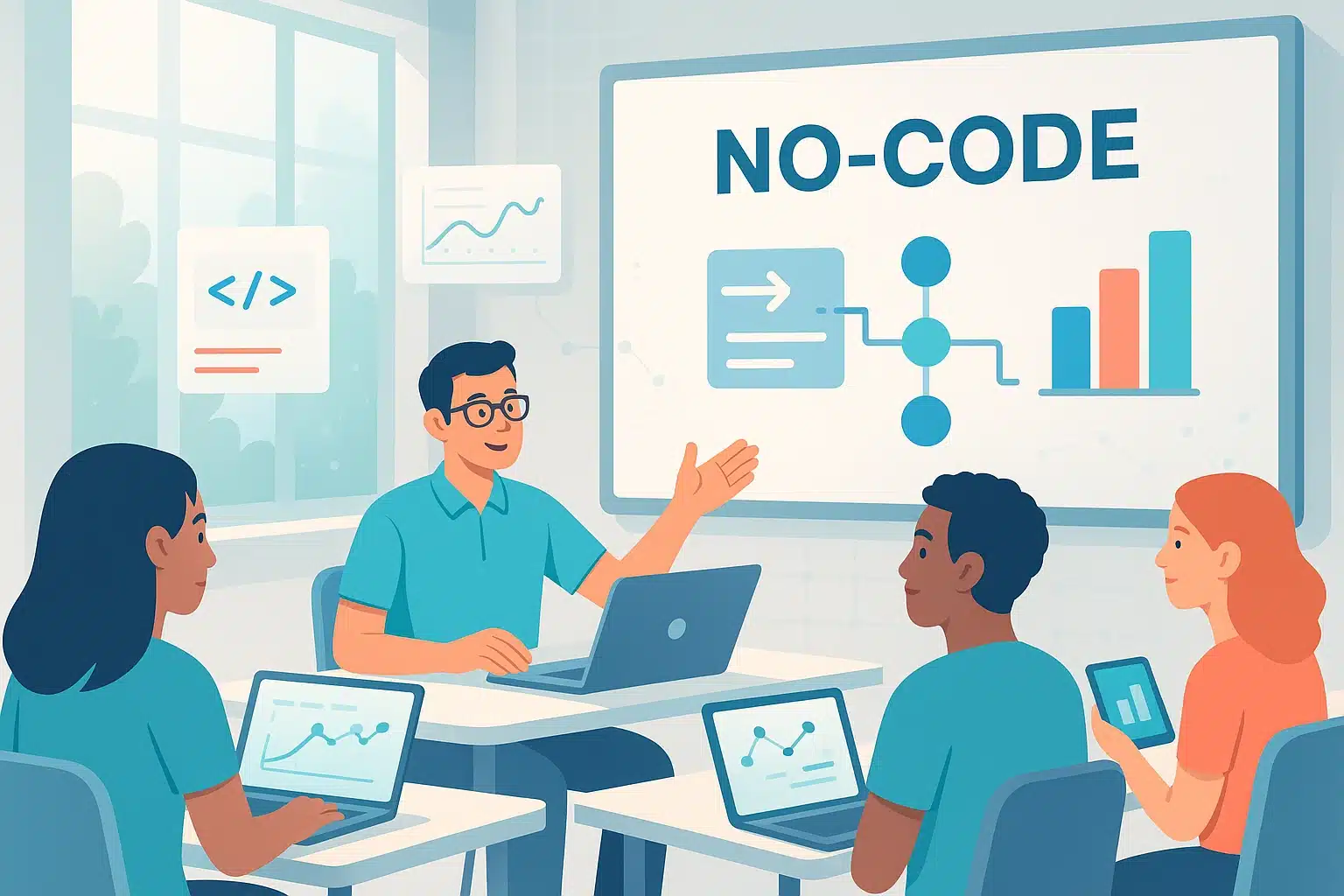 Groupe de personnes en formation lovable, analysant des données sur des appareils numériques, avec des graphiques et des tendances affichés sur des écrans.