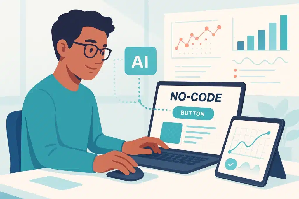 Illustration d'un homme utilisant un ordinateur portable pour suivre une formation lovable sur les outils no-code, avec des graphiques et des données à l'écran.