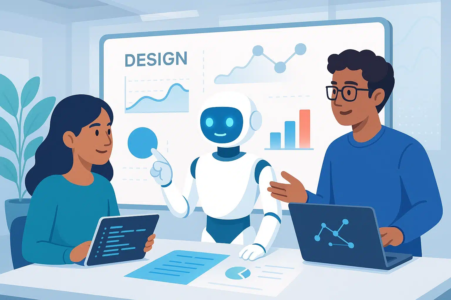 Illustration d'une formation lovable avec un robot et deux personnes discutant sur des tablettes, présentant des graphiques et des données.