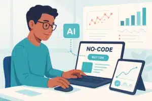Illustration d'un homme utilisant un ordinateur portable pour suivre une formation lovable sur les outils no-code, avec des graphiques et des données à l'écran.