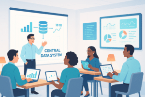 Session de formation SIRH avec un formateur présentant un système de données central à un groupe d'apprenants utilisant des ordinateurs et tablettes.