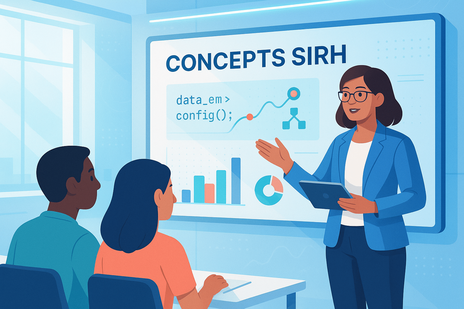 Formation SIRH présentant des concepts avec des graphiques et une instructrice expliquant les données aux participants.