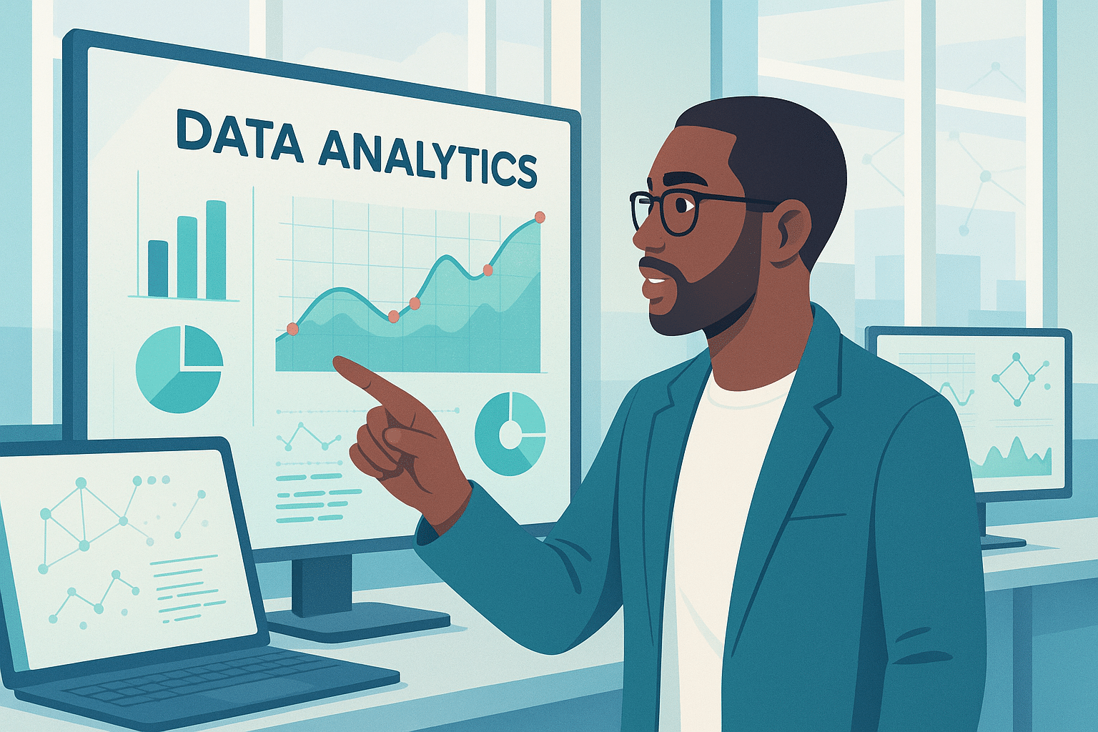 Un professionnel montrant des graphiques d'analyse de données sur un écran dans le cadre d'une formation SIRH.