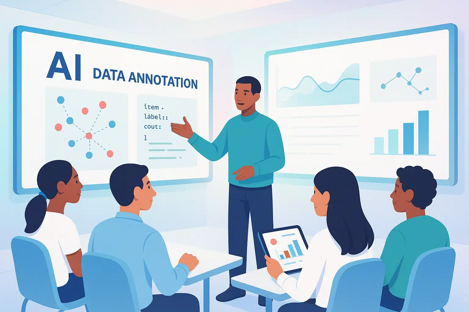 Séance de formation sur l'annotation des données AI, avec un formateur expliquant des concepts devant un tableau.