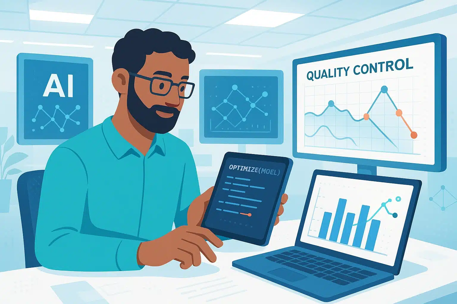 Professionnel utilisant une tablette pour optimiser un modèle d'intelligence artificielle, avec des graphiques sur la qualité des données et l'analyse visualisée sur plusieurs écrans.