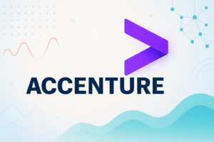 Logo d'Accenture affiché sur un fond numérique au thème technologique et agrémenté de plusieurs éléments abstraits.