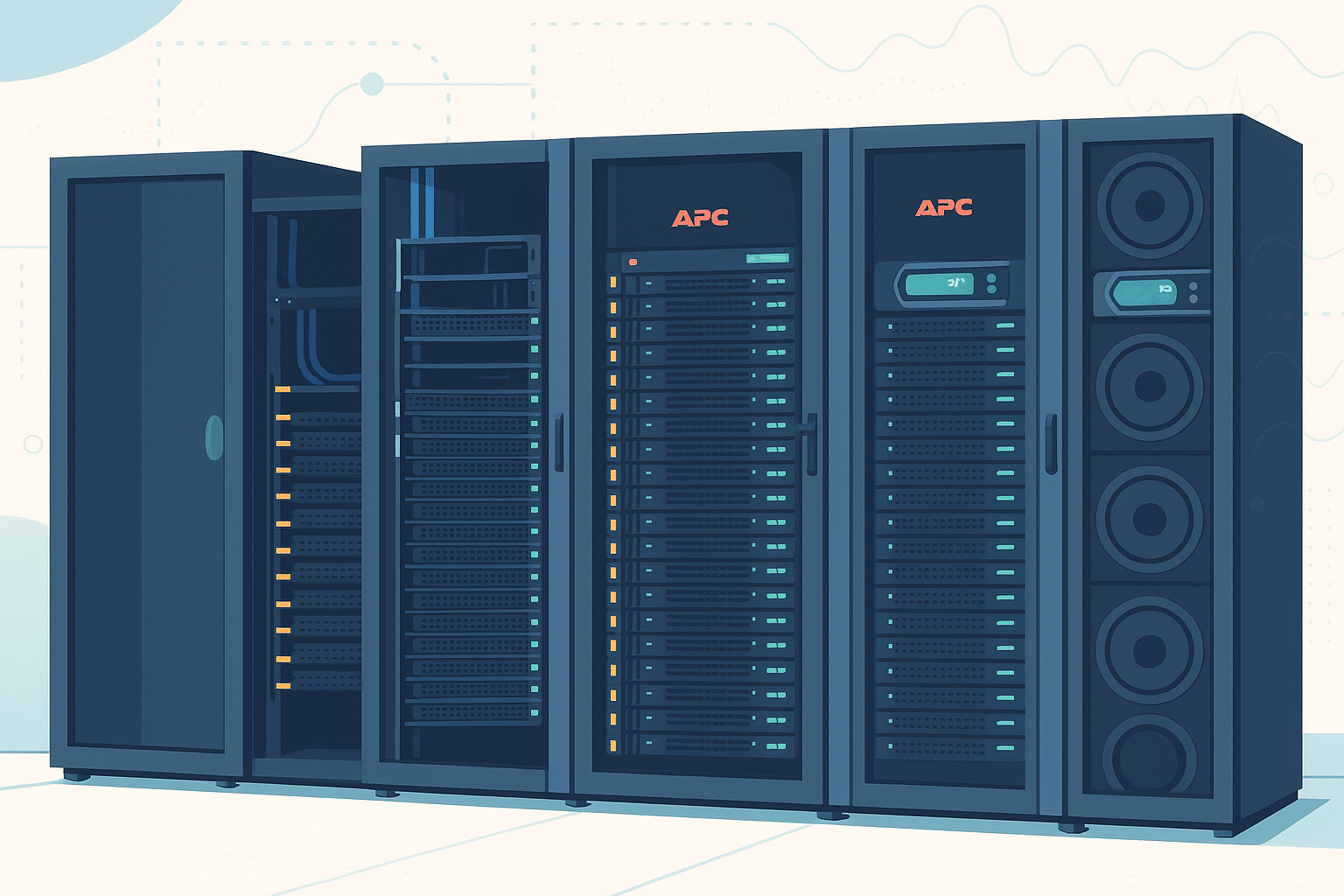 Illustration de baies de serveurs de supercalculateur dans un centre de données, avec des équipements de la marque APC