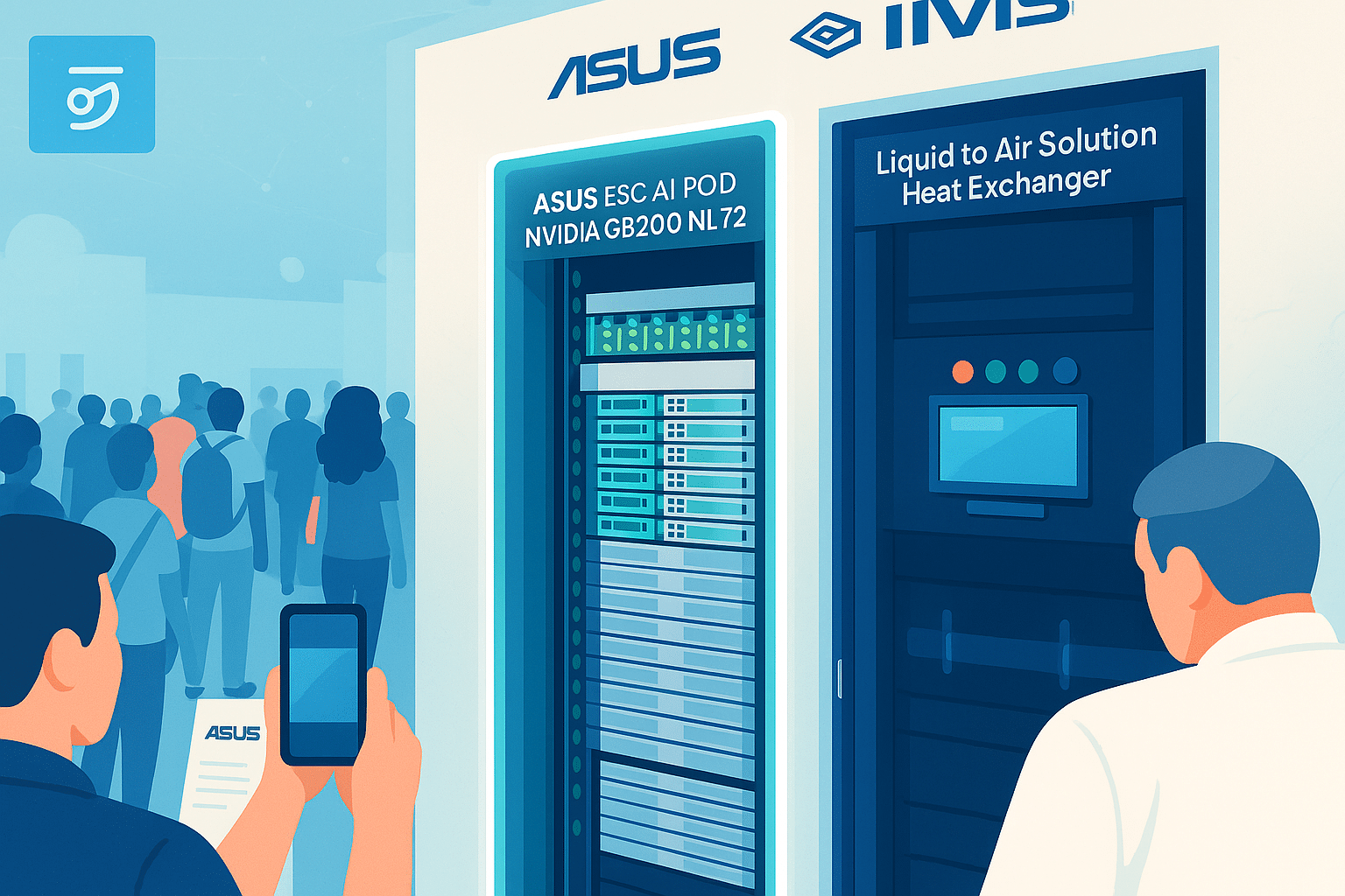 Illustration de l’ASUS ESC AI POD avec NVIDIA GB200 NL72 à côté d’une unité d’échangeur de chaleur liquide‑air lors d’un événement technologique.