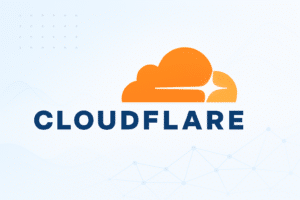 Logo Cloudflare avec un arrière-plan abstrait représentant la sécurité Internet et l’infrastructure réseau.