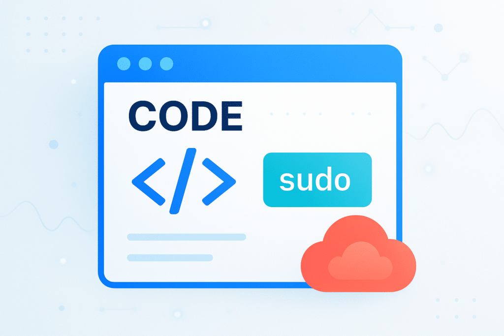 Illustration d’une fenêtre de code affichant une commande sudo et une icône de nuage représentant le développement cloud.